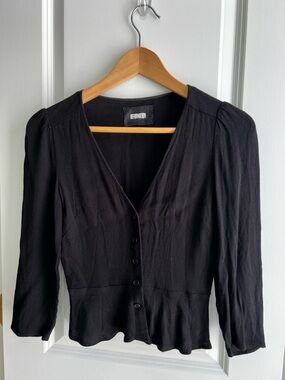 Reformation Black Button Front Peplum Blouse 3/4 Sleeve Size S